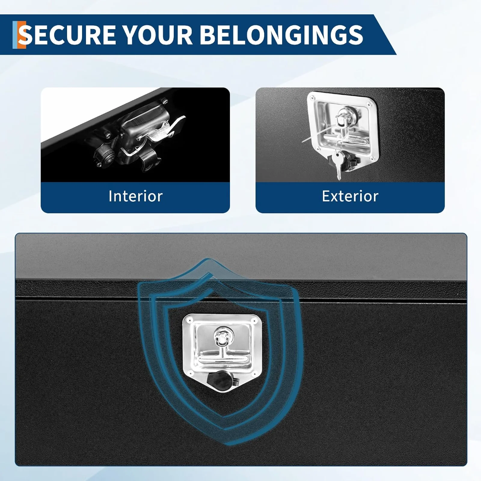 頑丈な黒色の鋼製トラック用工具箱。防水仕様で、T字型の取っ手 - Home Security Box のレビューと価格